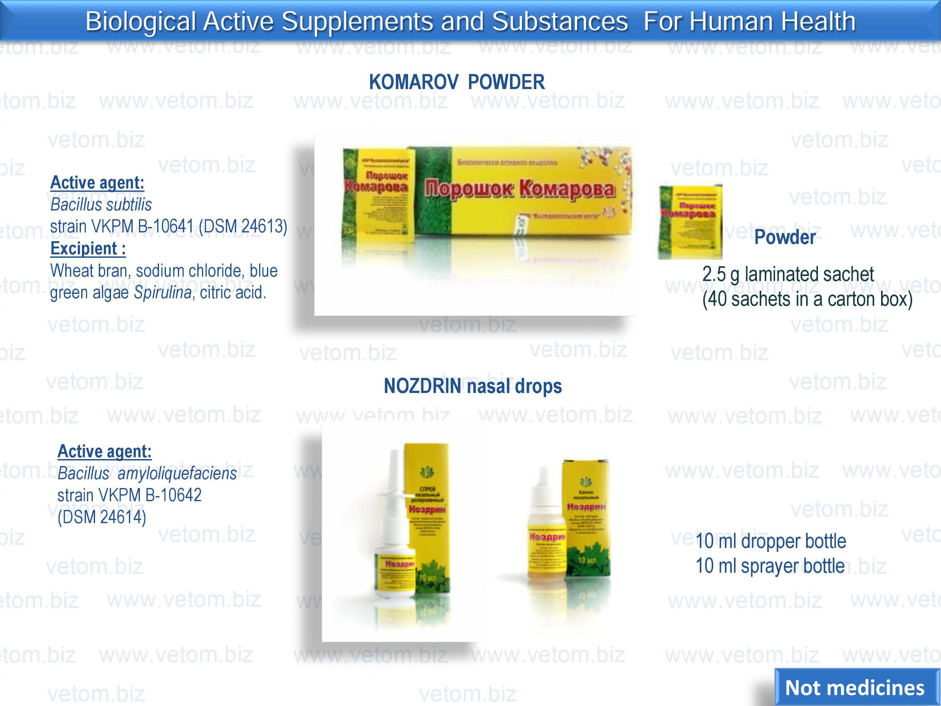 Biologically active supplements and substances for human health - Komarov powder, Nozdrin nasal drops